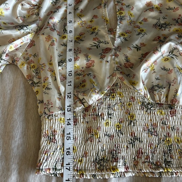 Guess Floral Satin Cropped Blouse with Long Sleeves, V Cutout Neck, Buttons - Picture 12 of 12